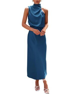 Women's Summer Dress Sleeveless Navy Mock Neck Cocktail Party Maxi Dresses